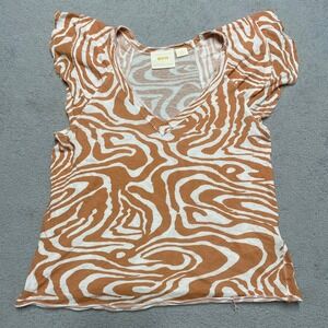Maeve Anthropologie Top XS Orange White Abstract Ruffle Sleeve V Neck Casual
